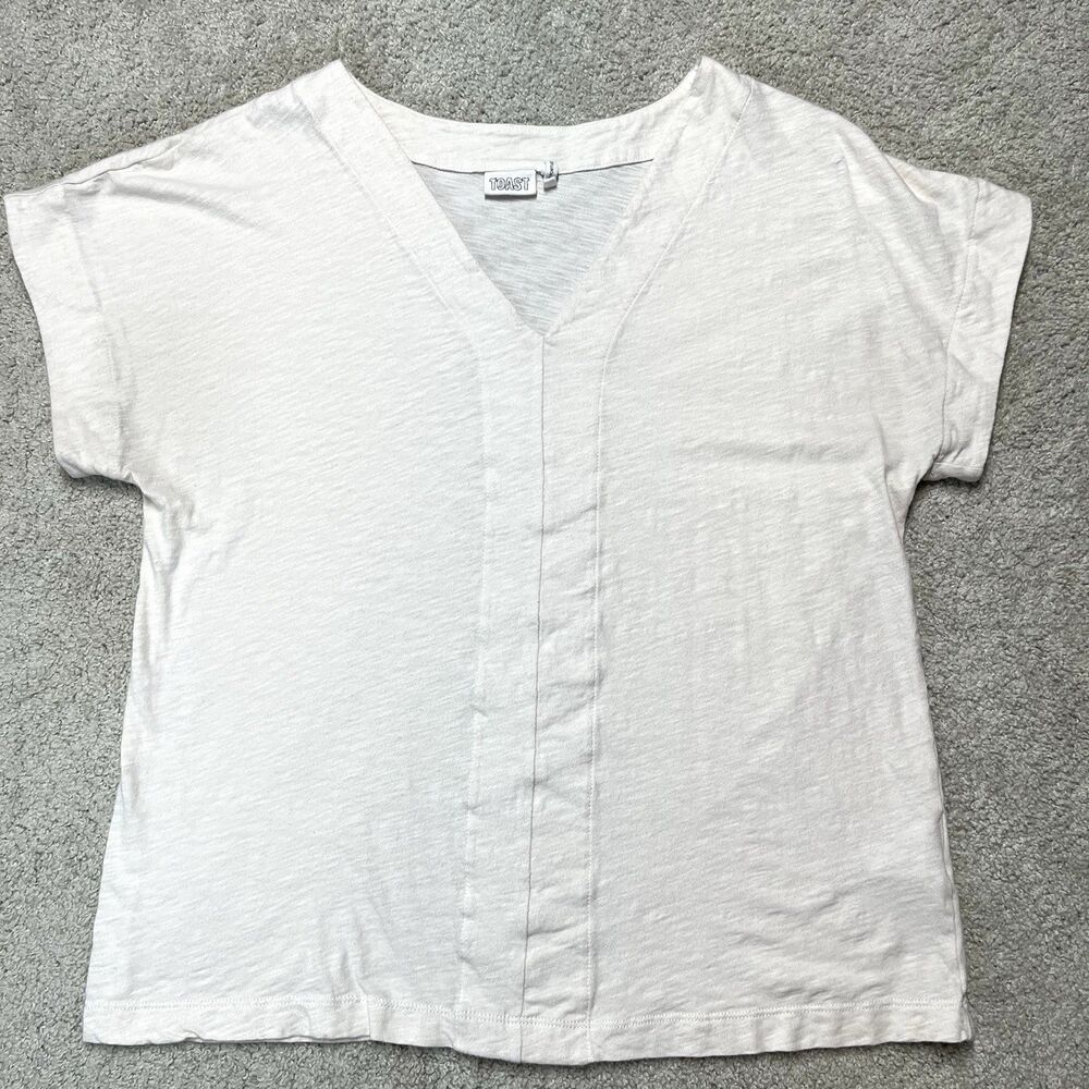 TOAST 100% Cotton Short Sleeve Shirt Womens Small V Neck Basic Tee Top Cream